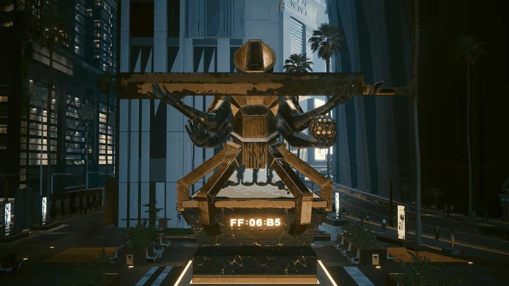 The FF:06:B5 monument near Arasaka Tower