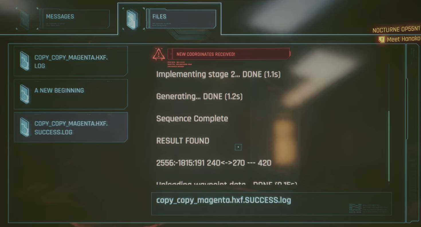 Church computer success log displaying coordinates and Ouroboros values