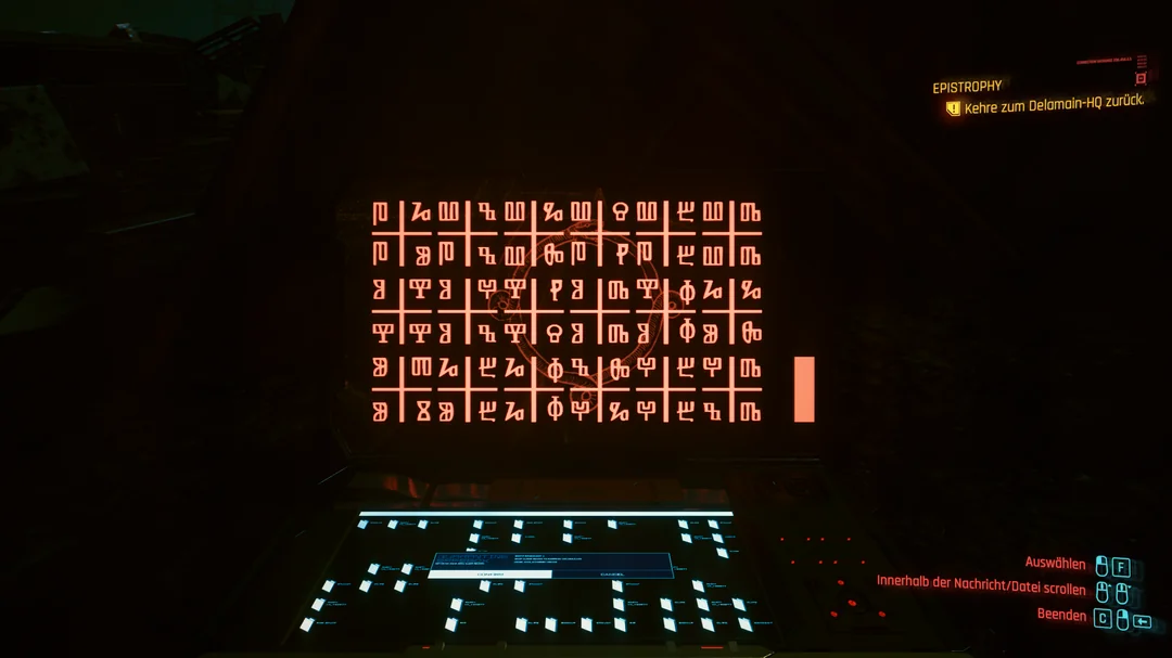 The Junkyard laptop displaying encoded glyphs