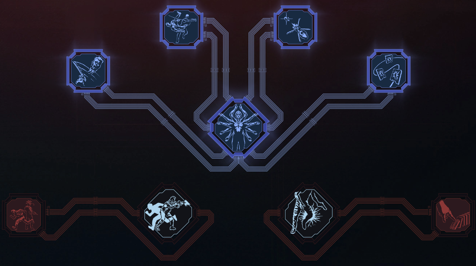 Cyberpunk 2077 Relic skill interface rendered in luminous blue and indigo
